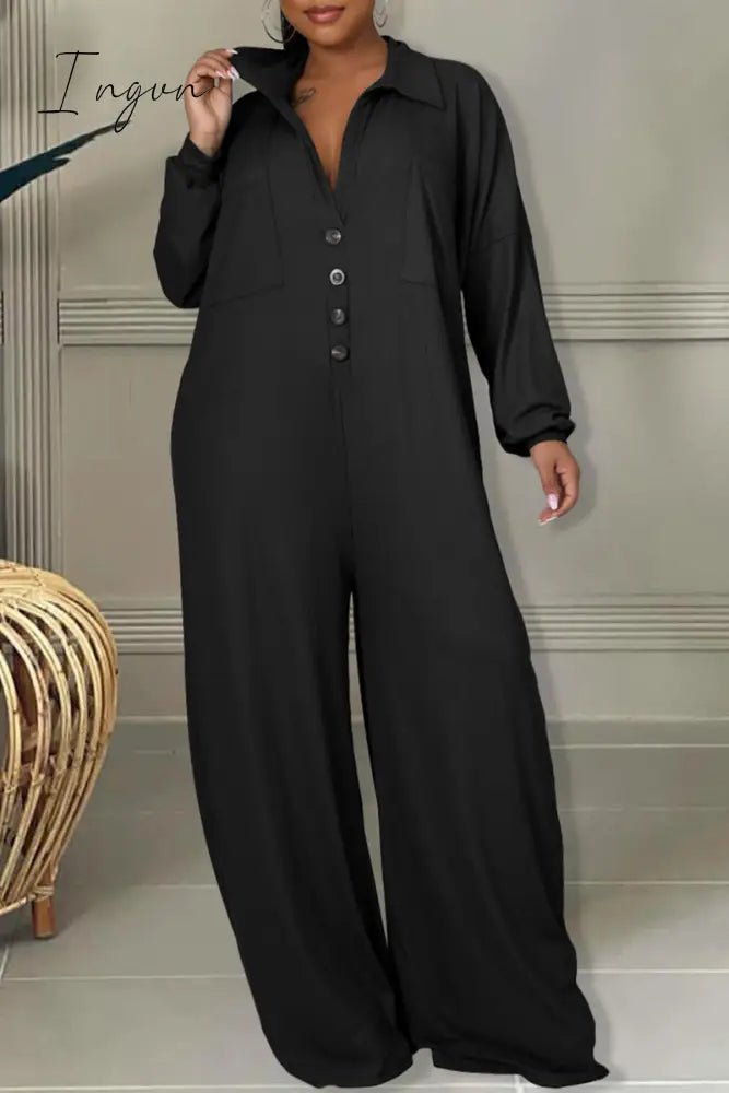 Ingvn - Red Casual Solid Patchwork Pocket Buckle Turndown Collar Plus Size Jumpsuits