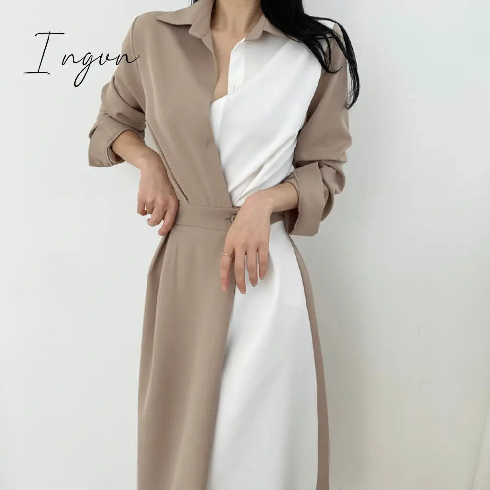 Ingvn - Spring Autumn Retro Temperament Contrast Color Lapel Long-Sleeved Shirt Female Midi Dress Korean Elegant Fashion Slim Chic Dress