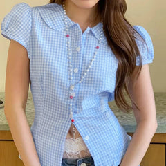 Women Plaid Shirts Short Sleeve Button Closure Summer Tops and Blouses Streetwear for Casual Daily