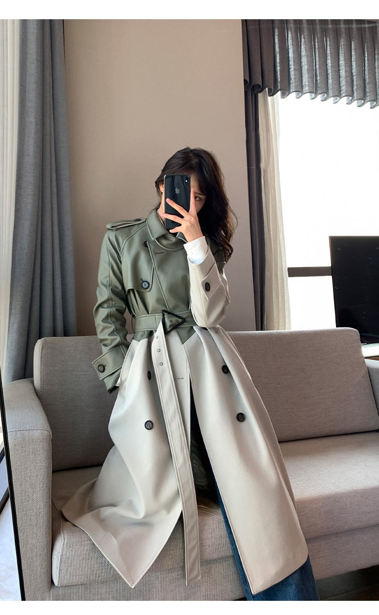 Women's Coat Spring Autumn Windbreaker Jacket Female Green Trench Quality Clothing Leather Stitching Windproof Long Ladies Cloak