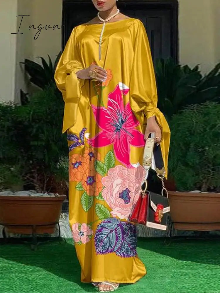 Ingvn - Vintage Embroidery Dress Women Summer Long Sundress Loose Patchwork Party Kaftan Dress Bat Sleeve Casual Maxi Robe