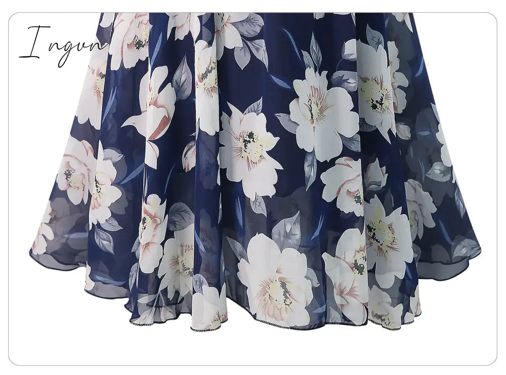 Ingvn - New Plus Size Women Chiffon Skirt Europe Fashion Bow Saia Midi Lining Jupe Femme Lace Up Falda Mujer Summer Print Floral Skirts