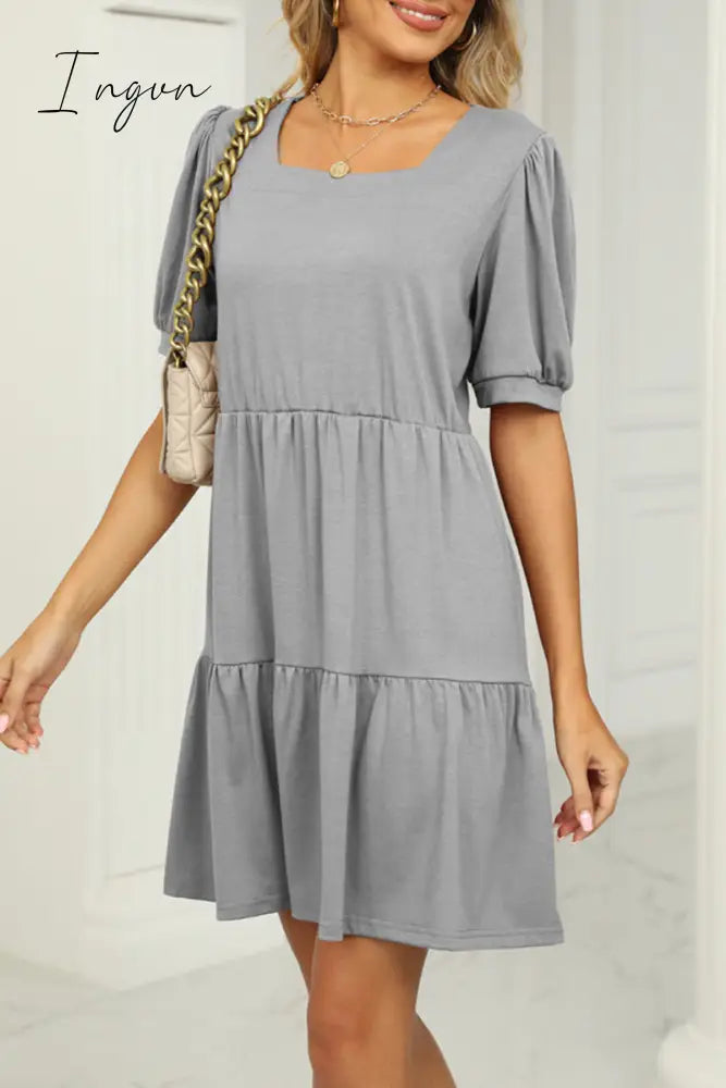 Ingvn - Casual Solid Fold Square Collar A Line Dresses