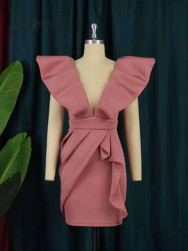 Ingvn - Deep V Neck Dresses Cape Sleeve High Waist Sexy Bodycon Ruffles Ladies Cocktail Club Party Event Outfits for Women Summer 4XL