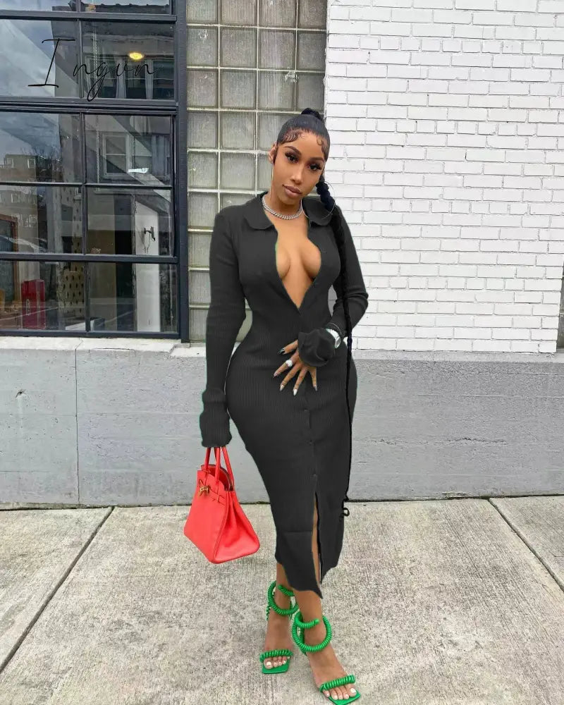 Ingvn - Womens Fashion Long Sleeve Knitted Button Midi Dress Turn Down Collar Slim Sexy Dresses Autumn Ribbed Robe Women Clothing Vestidos