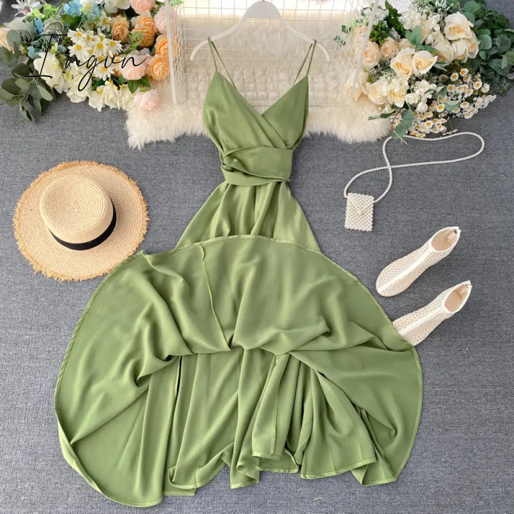 Ingvn - Boho Slim V Neck Summer bandage backless Maxi Long Dress Women Casual spaghetti strap Party Beach Holiday elegant tunic dress