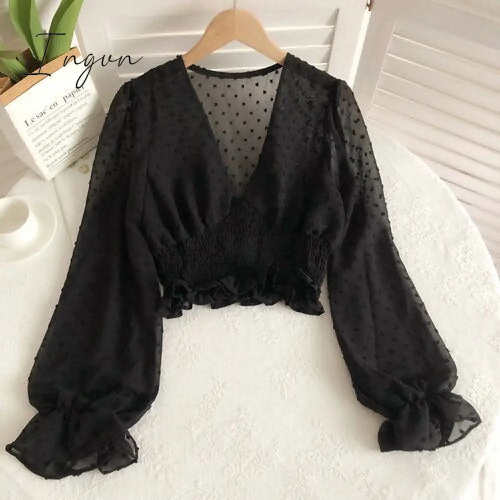 Ingvn - Women Fashion Spring Women Sweet Spot Blouse Ladies Fashion Chiffon Pullover Shirt V-neck Slim Long Puff Sleeve Folds Tunic Short Top