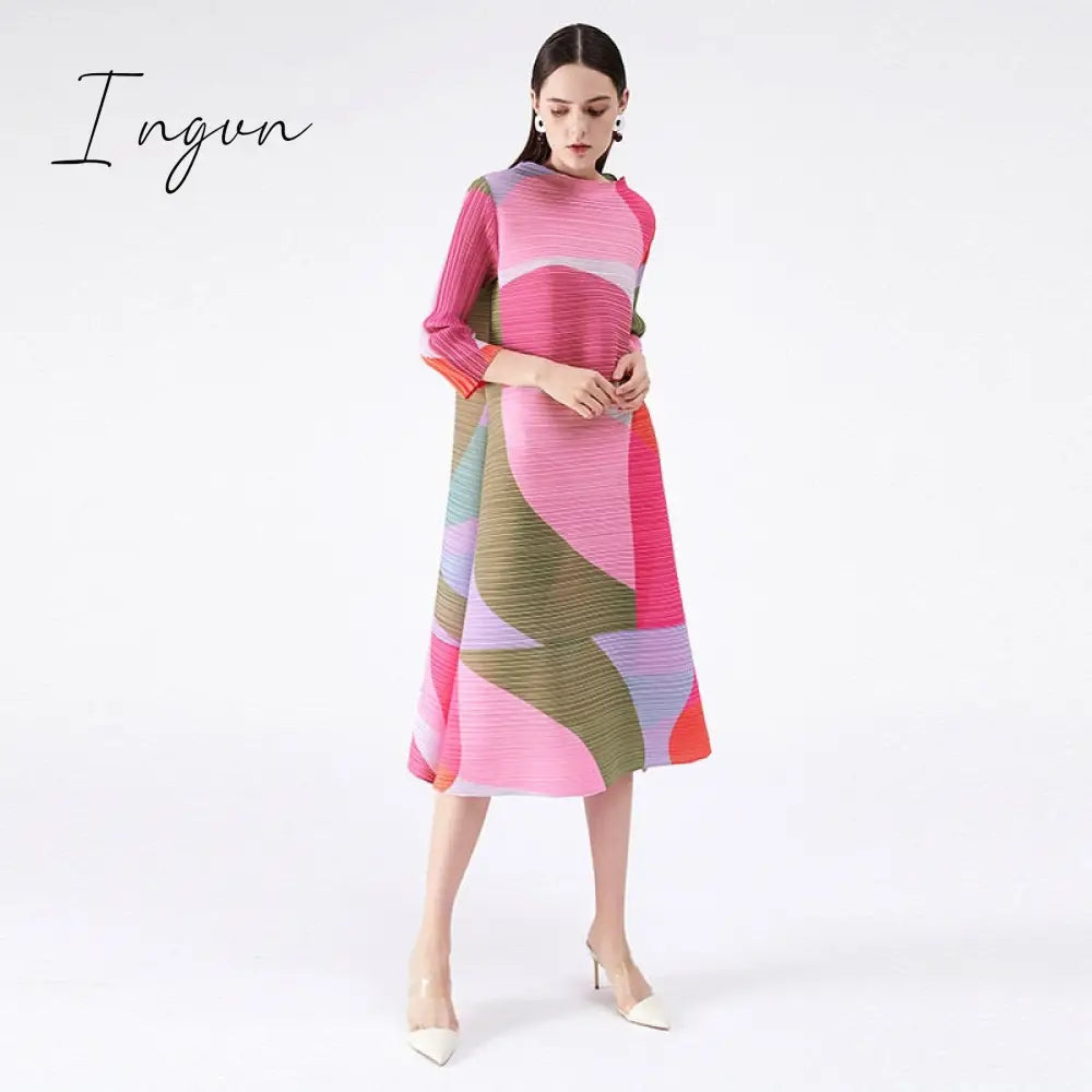 Ingvn - Pleated Dress Women Hit Color Geometric With Belt Sashes Over Size Long Sweet Casual New Spring Fashion Tide