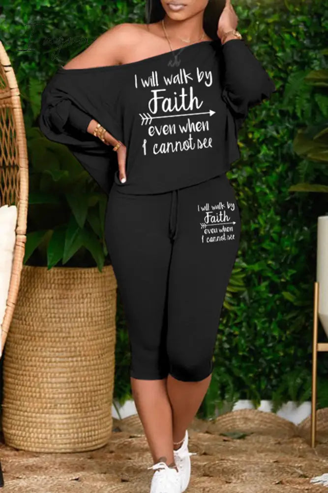 Ingvn - Pink Plus Size Casual Letter Patchwork Draw String Printing One Shoulder Plus Size Two Pieces