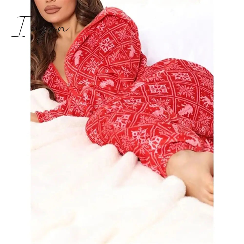 Ingvn - Women's Pajamas Jumpsuit Leopard Star Warm Comfort Plush Home Christmas Flannel Warm Breathable Hoodie Long Sleeve Pocket Fall Winter Leopard Print Moon blue