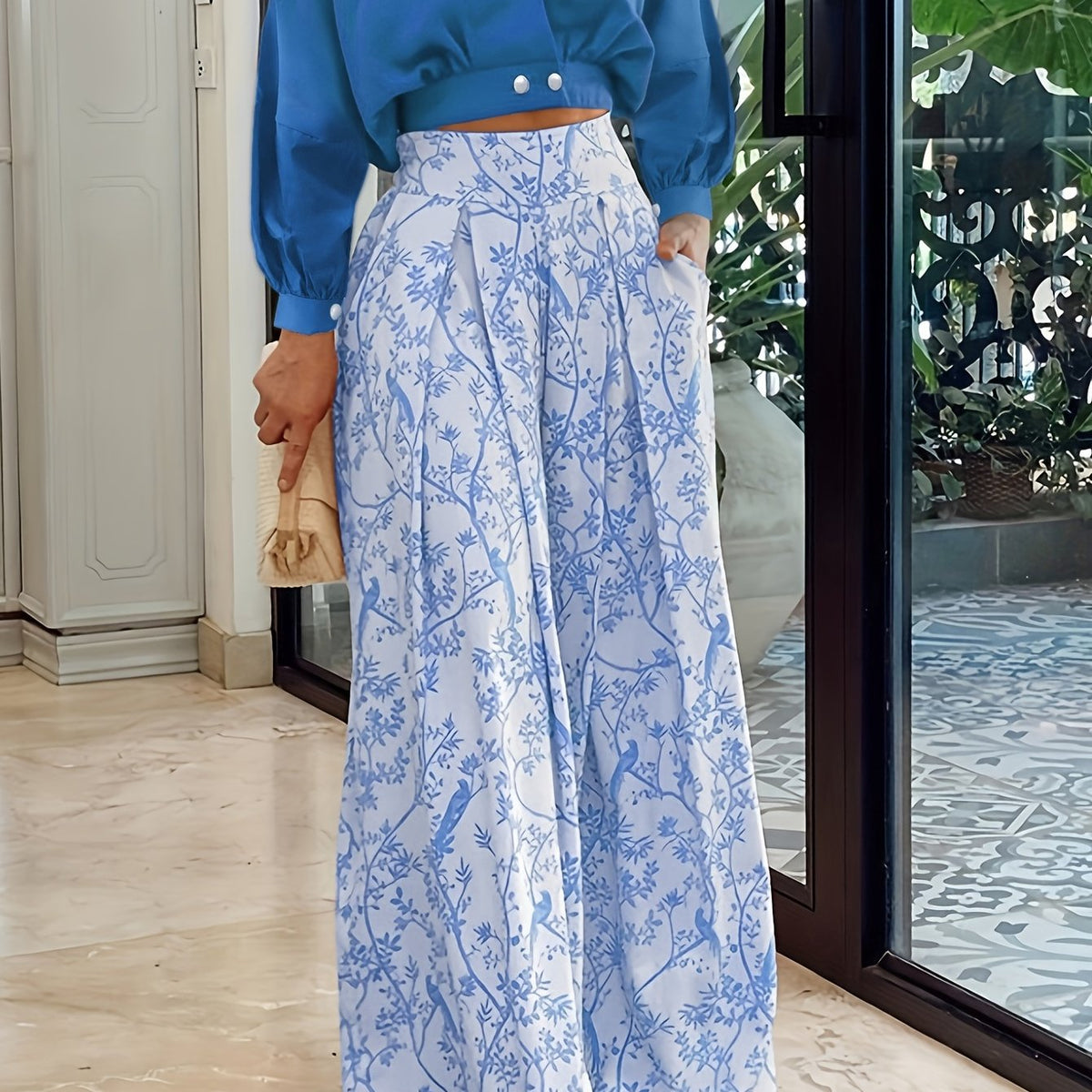 Two-Piece Casual Outfit Set - Surplice Neck Solid Color Top with Adjustable Straps & Wide Leg Floral Print Pants - Comfortable Womens Clothing for Daily Wear