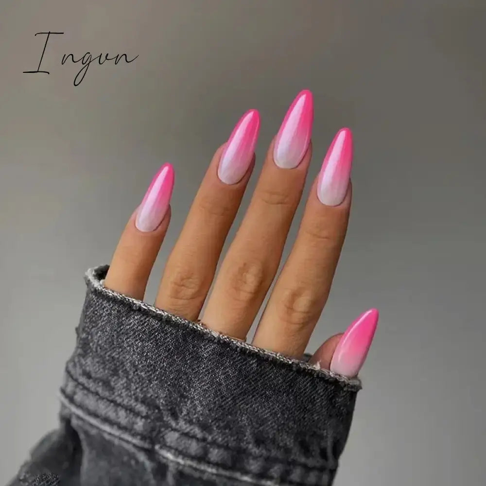 24Pcs False Nails With Glue Almond Pink Butterfly Design Detachable Rhinestones Acrylic Fake Nails long stiletto Press On Nails