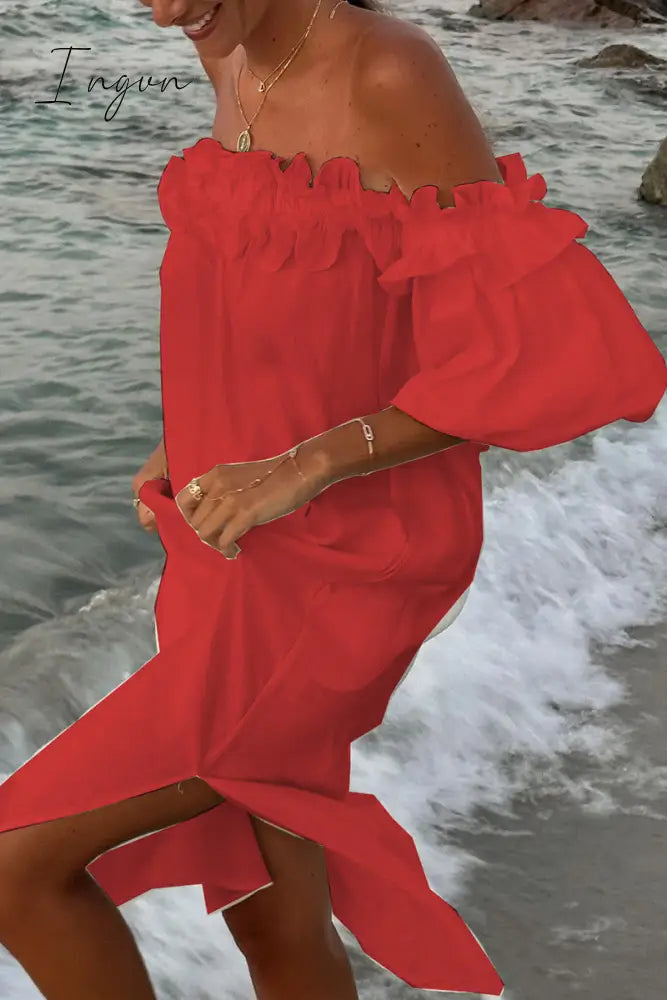 Ingvn - Sexy Solid Slit Fold Off the Shoulder Beach Dresses