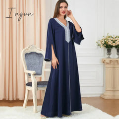 Ingvn - Party Dress Muslim Women Abaya Prayer Caftan V Neck Diamond Maxi Dresses Robe India Abayas Dubai Longue Vestidos Largos