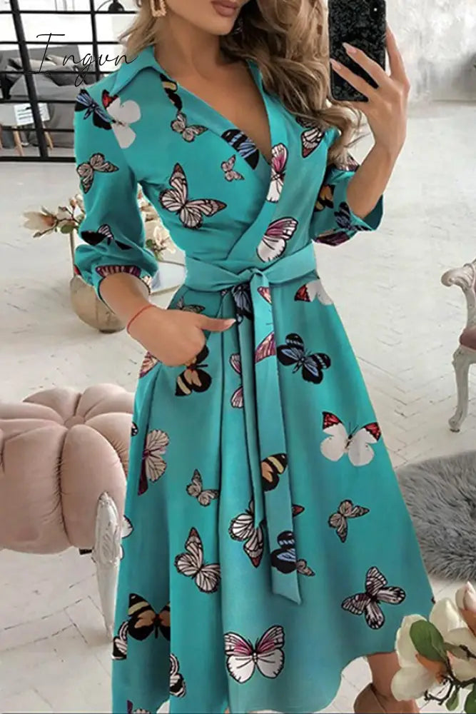 Ingvn - Fashion Elegant Print Solid Patchwork Frenulum V Neck A Line Dresses(10 Colors)