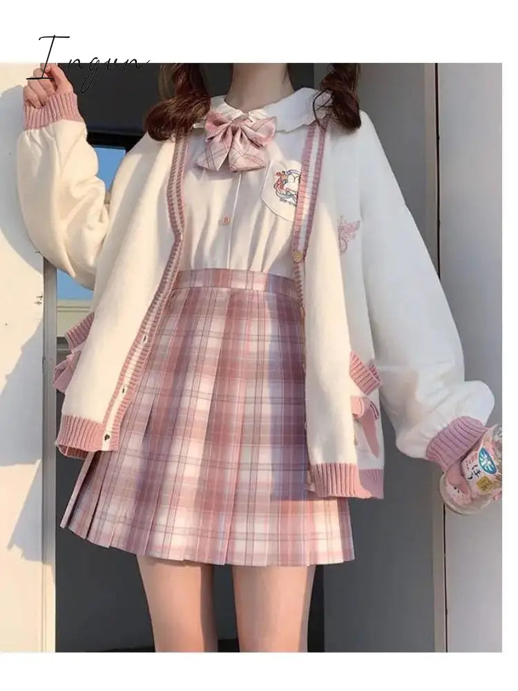 Ingvn - Spring Japanese Kawaii Fashion Pink Cardigan Women Harajuku Knitted Sweater Cute Bow Heart Korean College Style JK Uniform Coat