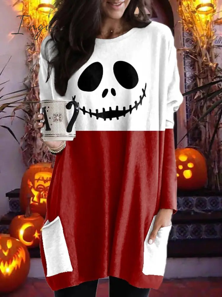Ingvn - Women's Tunic Shirts Tunic Black White Wine Plaid Color Block Pocket Print Long Sleeve Halloween Weekend Round Neck Long Abstract Painting S