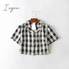 Ingvn - Summer blouse women vintage crop shirt streetwear plaid ladies tops elegant button up shirt korean crop top red