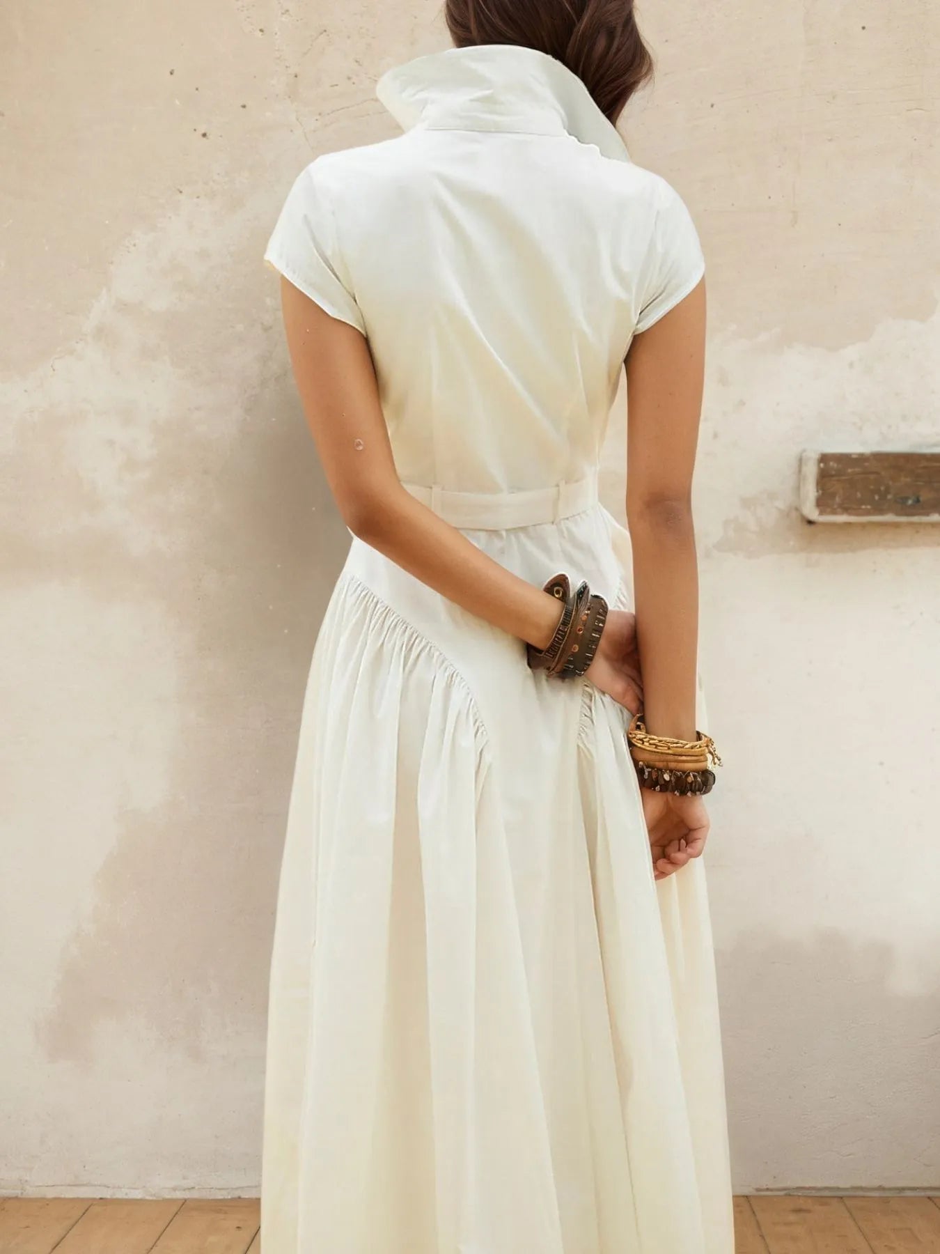 Button-Front Cap Sleeve Midi Shirt Dress