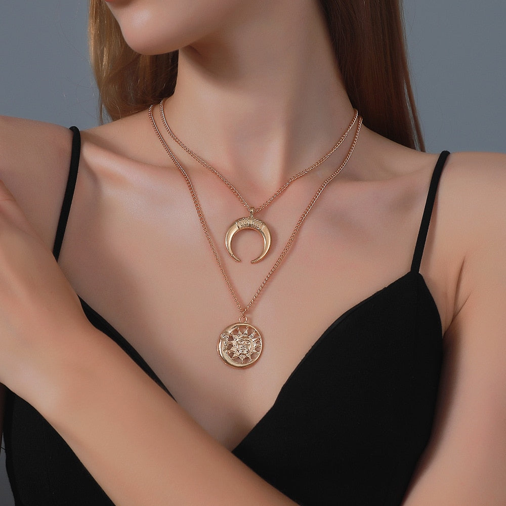 Retro Portrait Exaggerated Thick Chain Necklace Double Layer Cool Chain Hip Hop Necklace Short Clavicle Chain Accessories