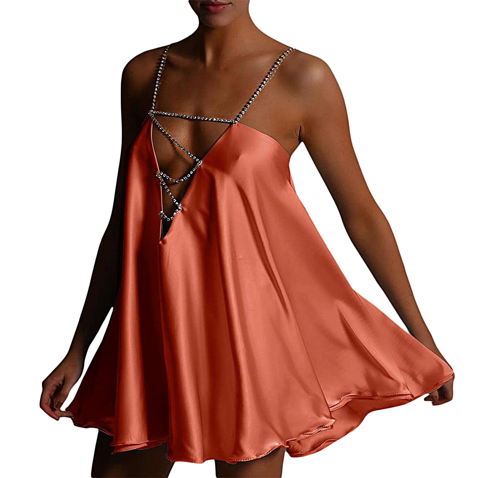 Diamante Chain Satin Low Back Swing Dress With Iridescent Crystal Straps and Neck Sexy Celebrity Party Elegant Women Dress