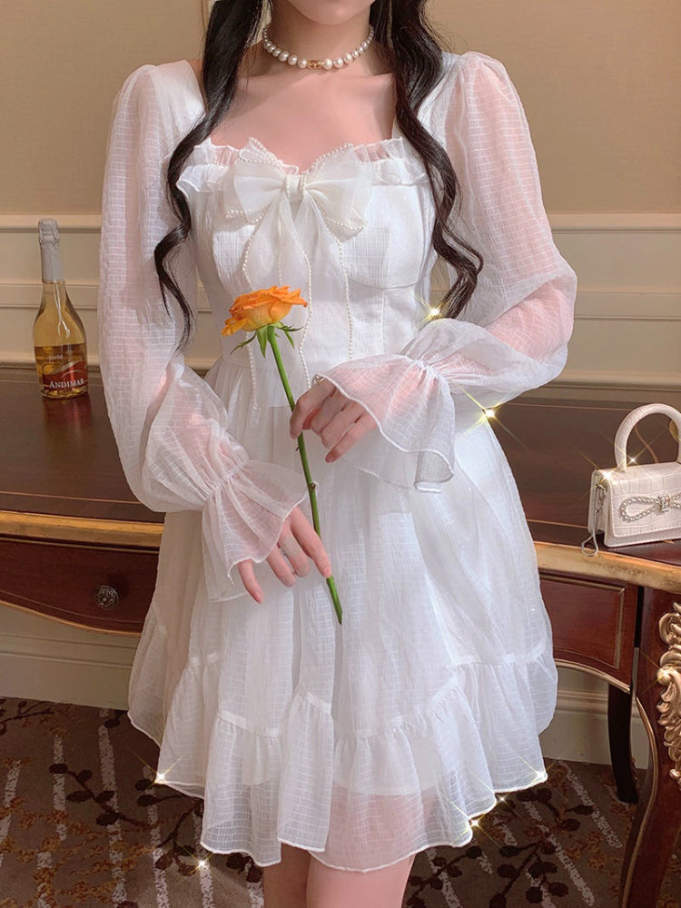French Sweet Fairy Lolita Dress Women Long Sleeve Lace Y2k Mini Dress Vintage Kawaii Clothes One Piece Dress Korean Autumn spring