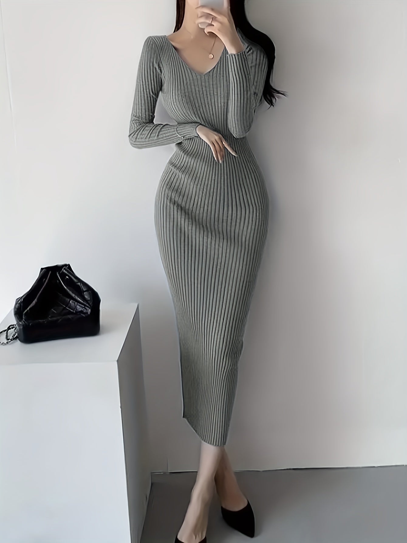 Solid Color Ribbed Long Sleeve Dress, Casual Knitted V Neck Dress For Spring & Fall, Women's Clothing