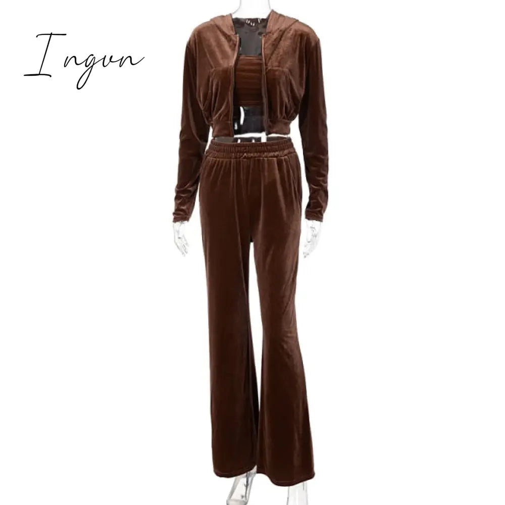 Ingvn - Velvet Women 3 Piece Set Hoodie Sweatshirt Zipper Tube Crop Top High Waist Wide Leg Pants Tracksuit Sporty Casual Outfit