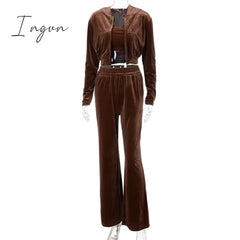 Ingvn - Velvet Women 3 Piece Set Hoodie Sweatshirt Zipper Tube Crop Top High Waist Wide Leg Pants Tracksuit Sporty Casual Outfit
