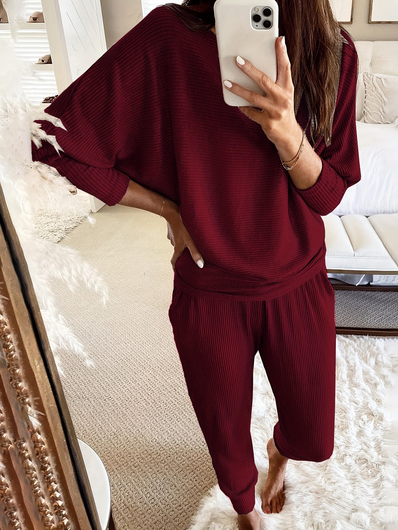 Cozy Womens Ribbed Lounge Set - Soft High-Elasticity Polyester, Crew Neck, Batwing Sleeve, Relaxed Fit, Pockets, Machine Washable, Perfect for Fall and Winter Season