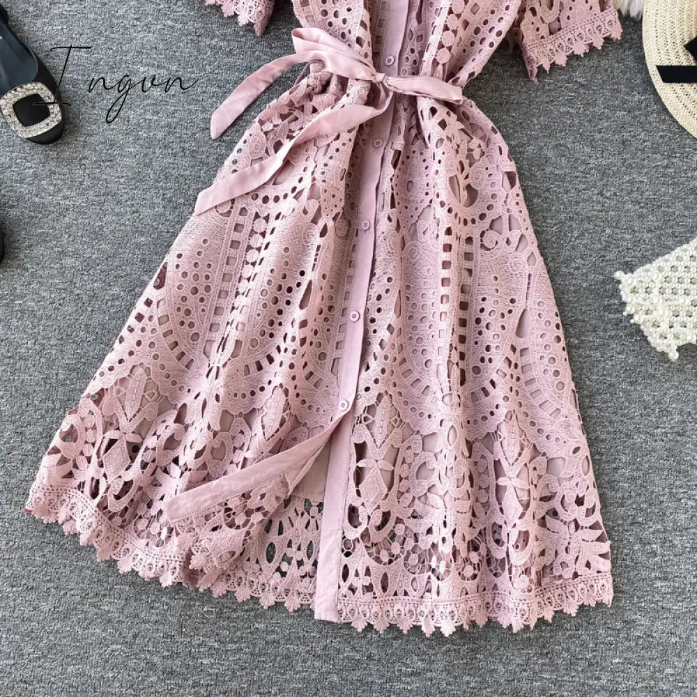 Ingvn - Women Elegant Hollow Out Lace Dress Office Lady Summer Solid O-Neck Button up Sashes Midi Dress Female Chic Short Sleeve Dress