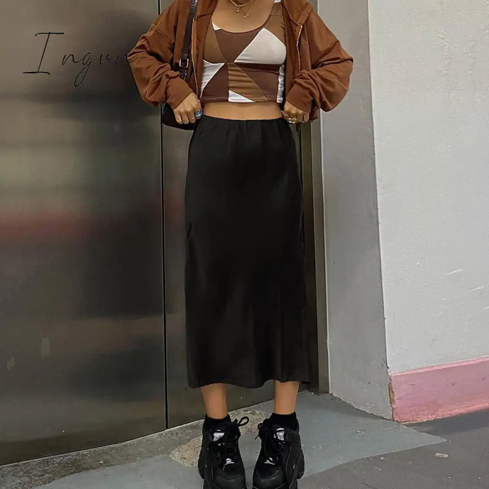 Ingvn - Autumn Fairy Grunge Long Tulle Skirts Women Kawaii Plaid Black Skirt Harajuku Low waisted Skirt Korean Fashion