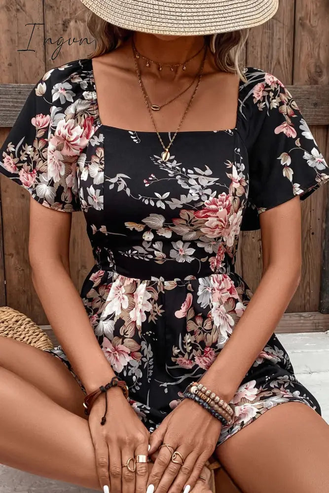 Ingvn - Floral Cutout Tie Back Romper