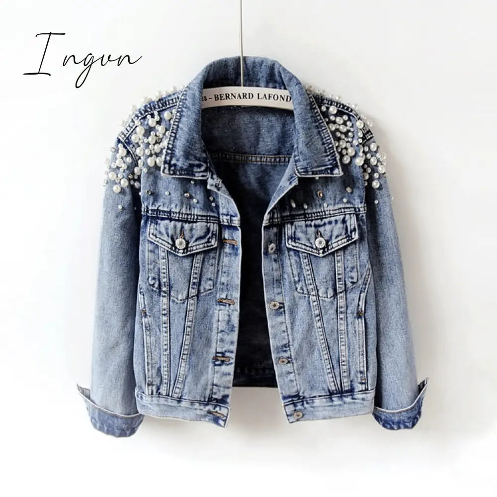 Ingvn - Denim Jacket Women New Autumn Women's Jean Jackets  Pearl  Casual Denim Jacket Women Coat Long Sleeve Outerwear