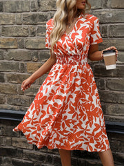 Blooming Floral Wrap Neck Dress - Elegant Short Sleeve, V-Neck, A-Line Silhouette, Spring & Summer Essential, Women's Clothing for Chic Occasions