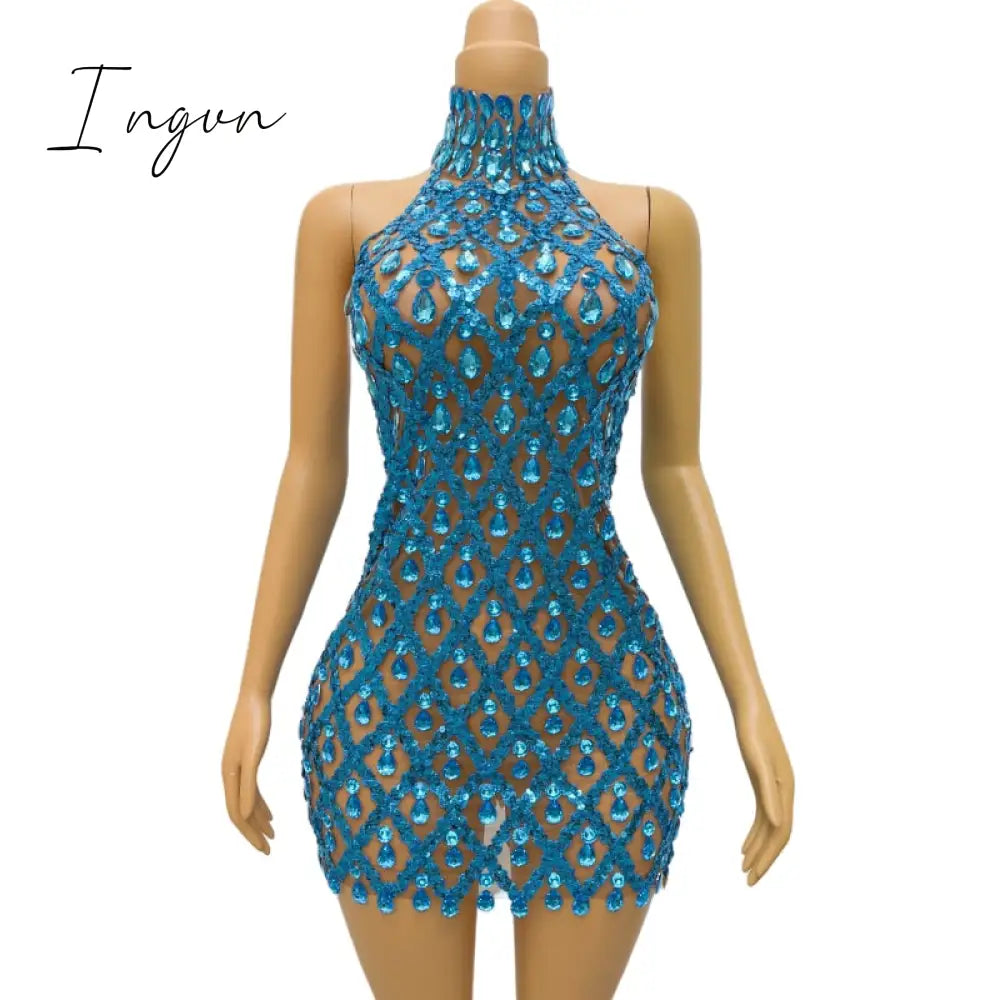 Ingvn - Sparkly Black Sequins Sleeveless Birthday Stones Transparent Backless Dress Shiny Evening Celebrate Outfit Stretch Mesh shaokao