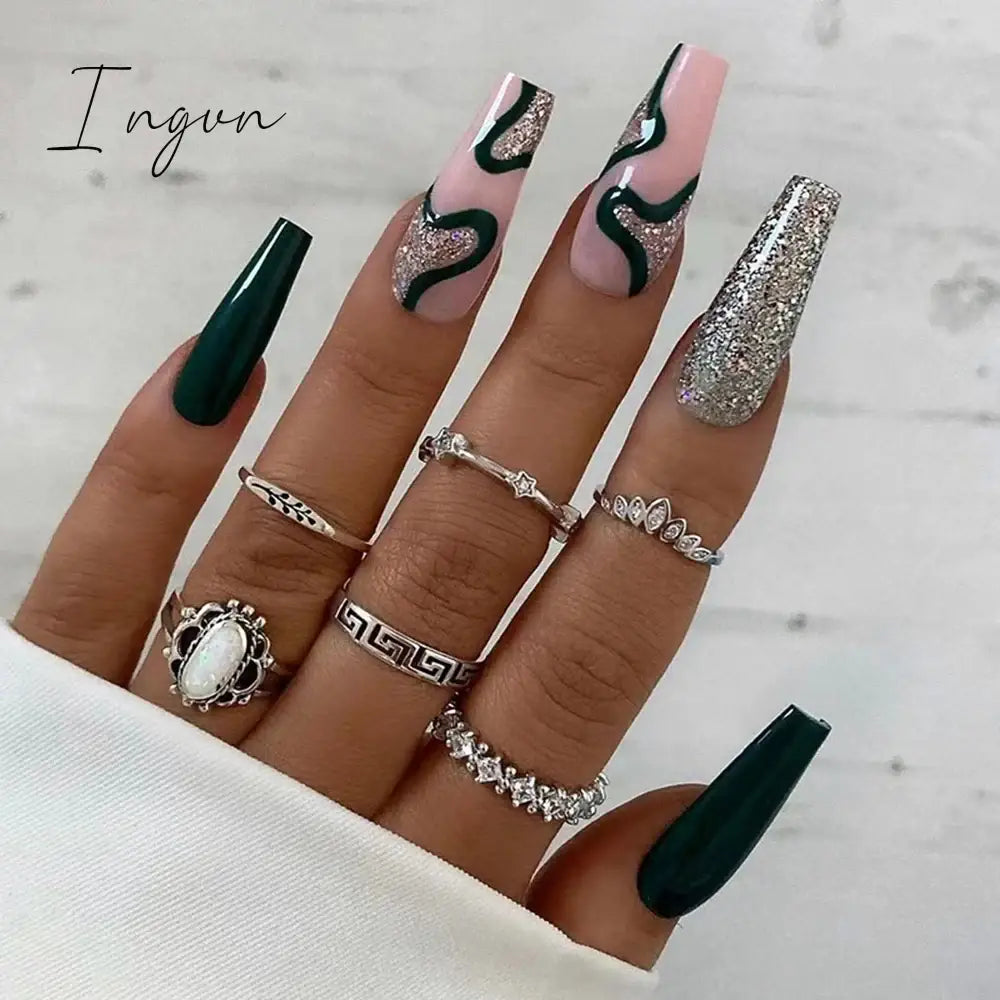 Extra Long Coffin Fake Nail Black And White Plaque False Nails French Ballerina Artificial Full Cover Nail Tips Press On Nail