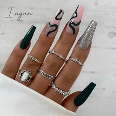 Extra Long Coffin Fake Nail Black And White Plaque False Nails French Ballerina Artificial Full Cover Nail Tips Press On Nail