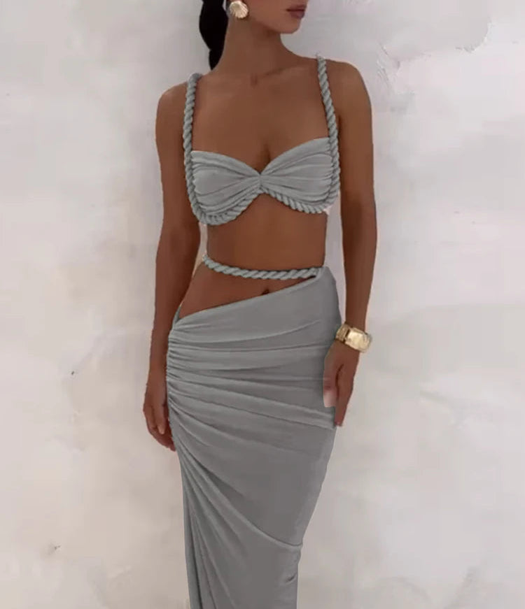 Woven Sexy Women 2 Piece Set Stunning Hot Solid Pleated Crop Camisoles+High Waist Maxi Skirts Female Trend Vacation Outfit