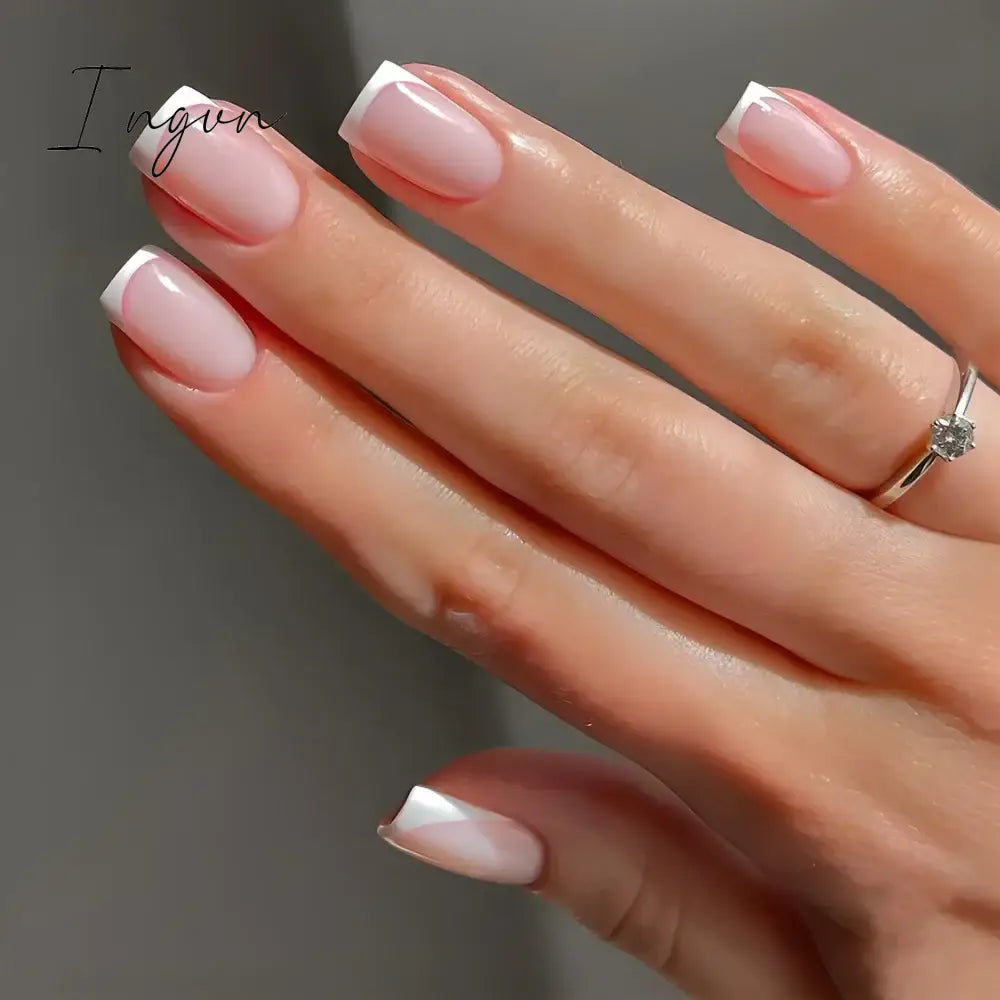 24Pcs French Tip  Press on Nails Short Coffin False Nails Simple Wearable Fake Nails Frosted Full Cover Press on Nail Tips Art