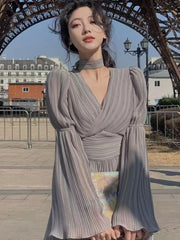 Women's French Ruffle Irregular Long Dresses Elegant Fashion Fairy Pleated Party Evening One Piece Dress Korean Female Clothings