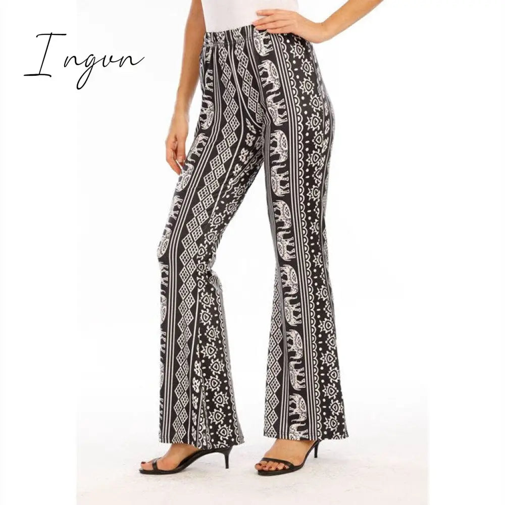Ingvn - Spring Autumn Bell Bottom Pants Women Streetwear Flare Pants Beach Trousers Ladies Fashion Elastic Print Slim Pants