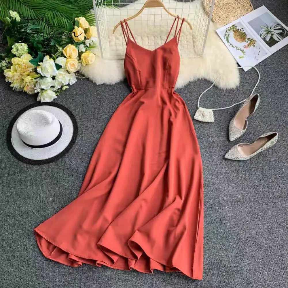 Ingvn - New-Coming Spring Summer Holiday Long Dress Cross Spaghetti Strap Open Back Beach Style Ankle-Length Women Dresses