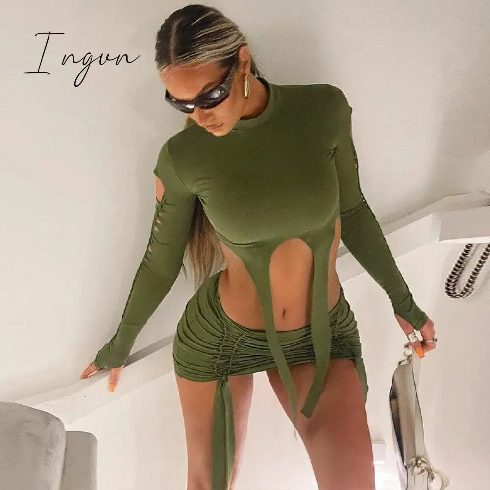 Ingvn - Best Selling Women's Clothing 2023 Autumn New Fashion Holes Long-Sleeved Shirt Slim Short Skirt Suit