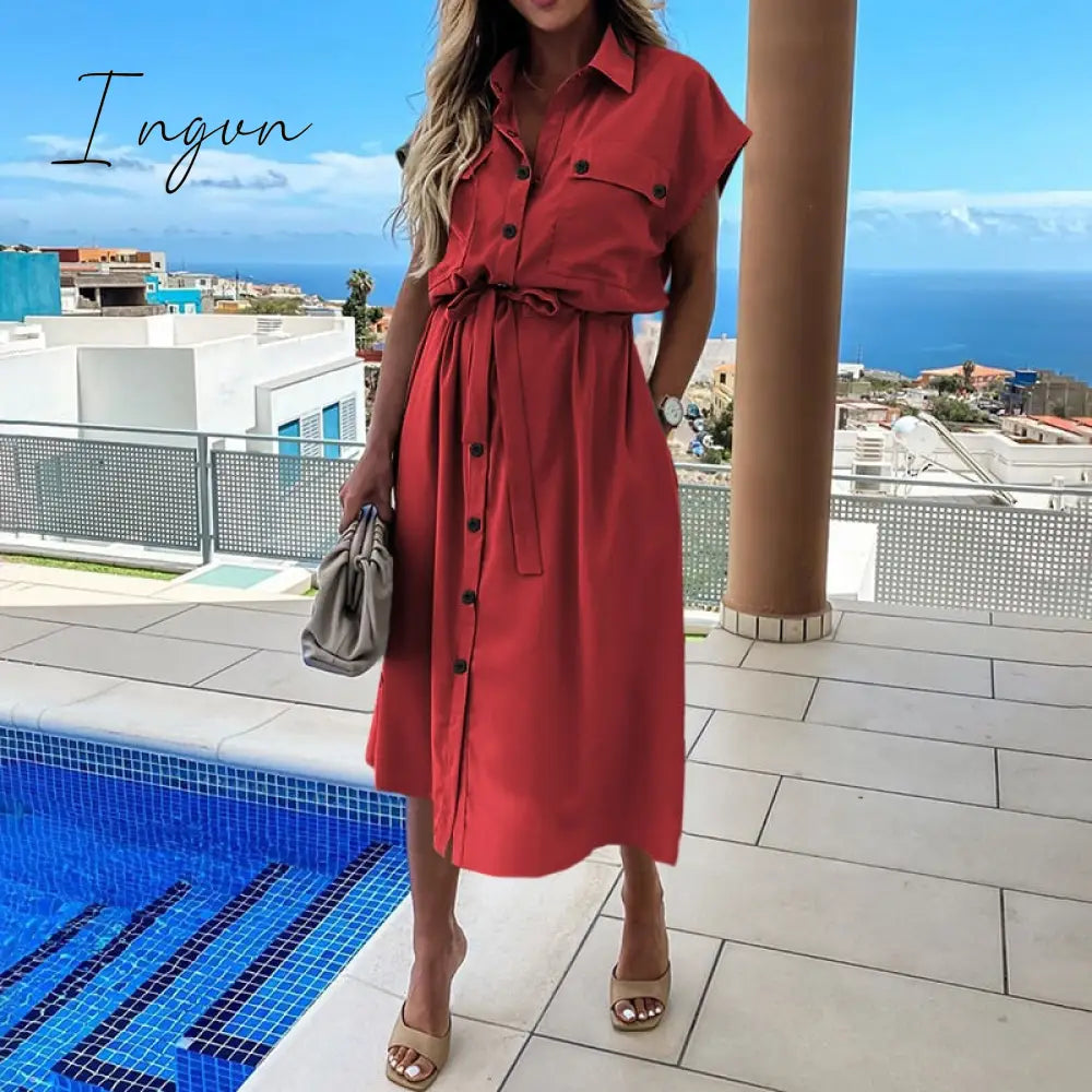 Ingvn - Summer Sundress Women Elegant Dress Plus Size Short Sleeve Casual Loose Buttons High Waist Work Midi Vestidos Robe