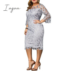 Ingvn - Summer Women Lace Slim Patchwork Party Dress Office Ladies Round Neck Flare Sleeve Stretch Bodycon Plus Size Dresses