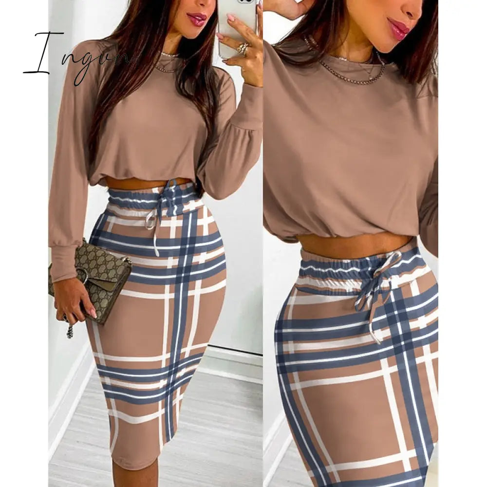 Ingvn - Autumn Women Casual Two Piece Dress Suit Sets Geometric Print Long Sleeve Top & Drawstring Shirred Skinny Skirt Set