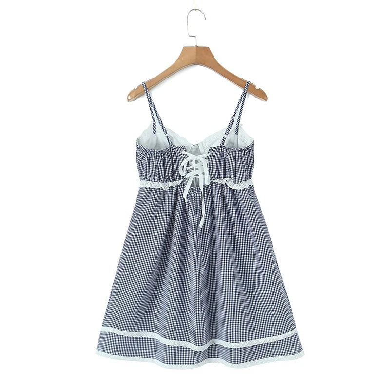 Women Lace Spliced Plaid Sling Mini Dress Sexy Sleeveless Back Lacing Up Ladies Party Skater Robe Summer Dresses