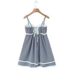 Women Lace Spliced Plaid Sling Mini Dress Sexy Sleeveless Back Lacing Up Ladies Party Skater Robe Summer Dresses
