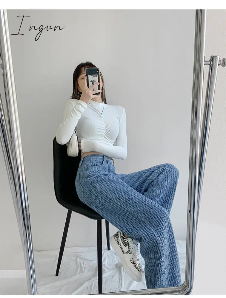 Ingvn - Women Jeans High Waist Casual Streetwear y2k Baggy Office Lady New Fashion Korean Denim Trousers Female Straight Wide Leg Pants